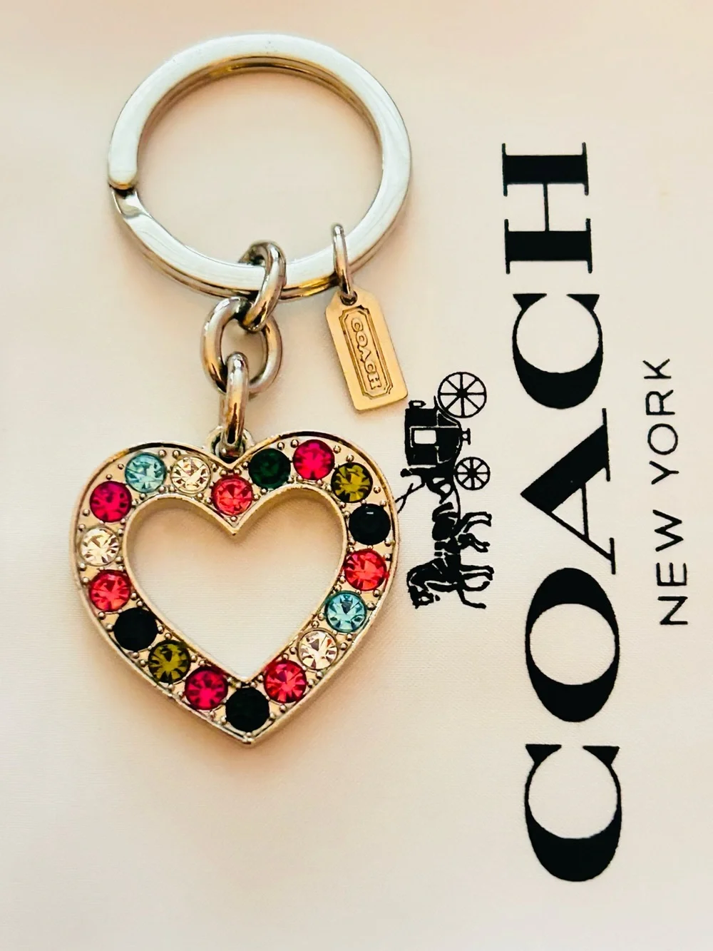 RARE Coach Heart Charm Rainbow Crystals Keychain/ Bag Charm
